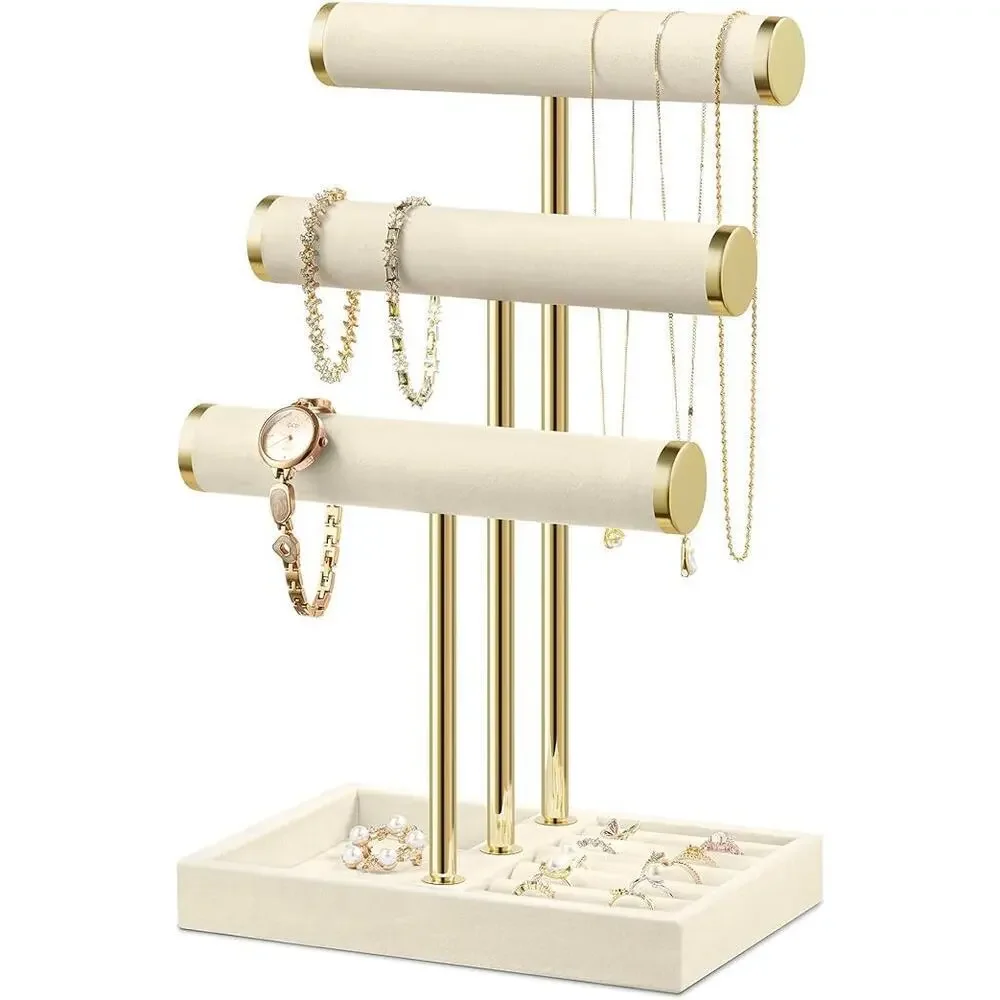 Jewelry Organizer Women Beige 3 Tier Velvet Bracelet Watch Display Stand
